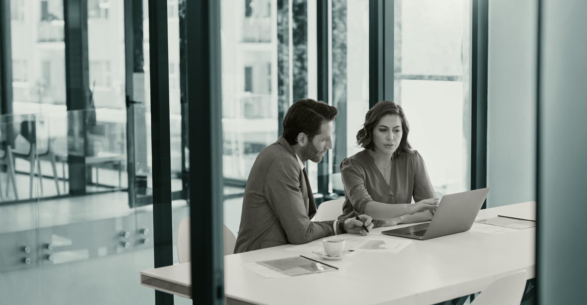 A pair of coworkers are sat at a modern desk, reviewing data on a laptop.