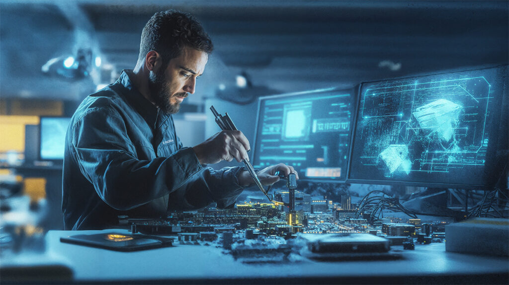 Male engineer in a high tech lab tinkers with microchips.